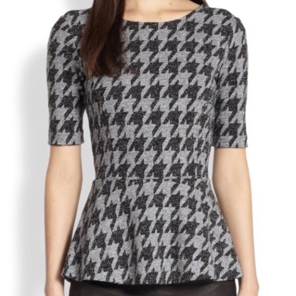 Theory Delta Porter Houndstooth Check Elbow Sleeve Gray Peplum Top Size Medium